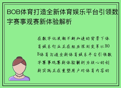 BOB体育打造全新体育娱乐平台引领数字赛事观赛新体验解析